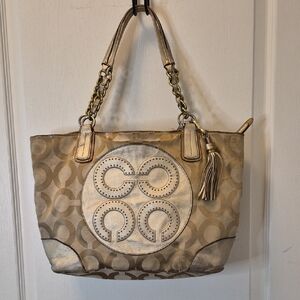 Coach Optic Metallic Beige Signature Tote with Tassel and Chain Straps 16487